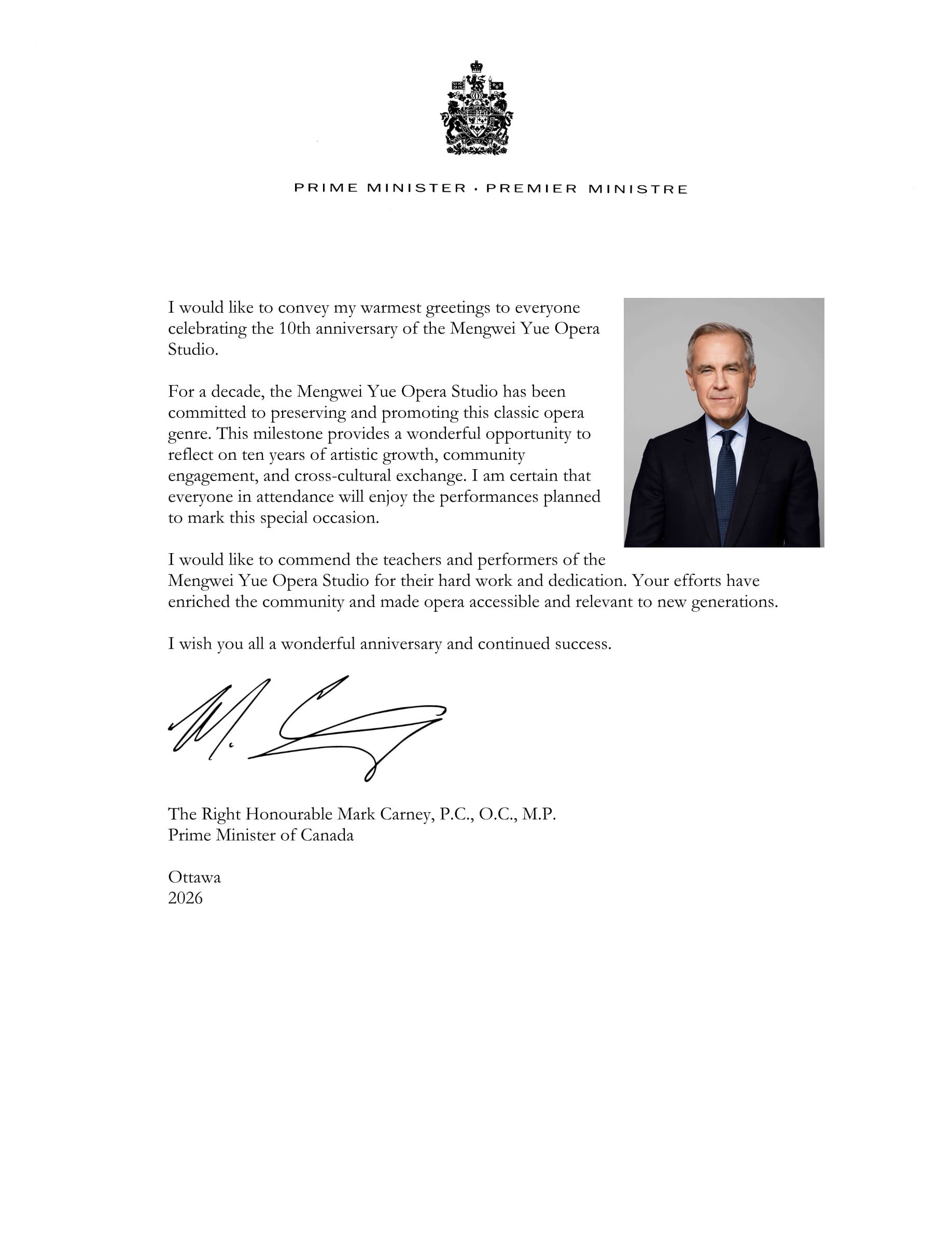 Greeting letter from The Right Honourable Mark Carney
