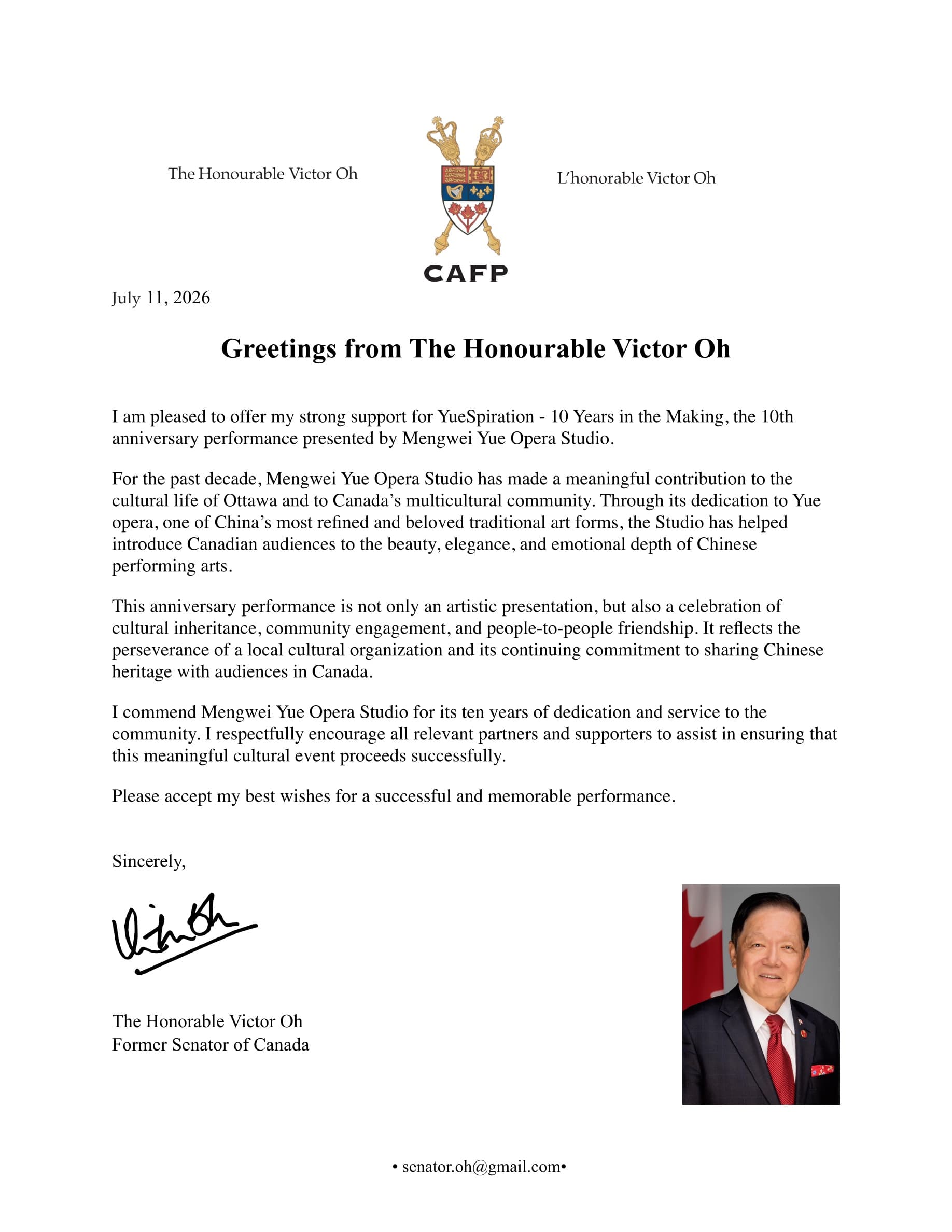 Greeting letter from The Honourable Victor Oh