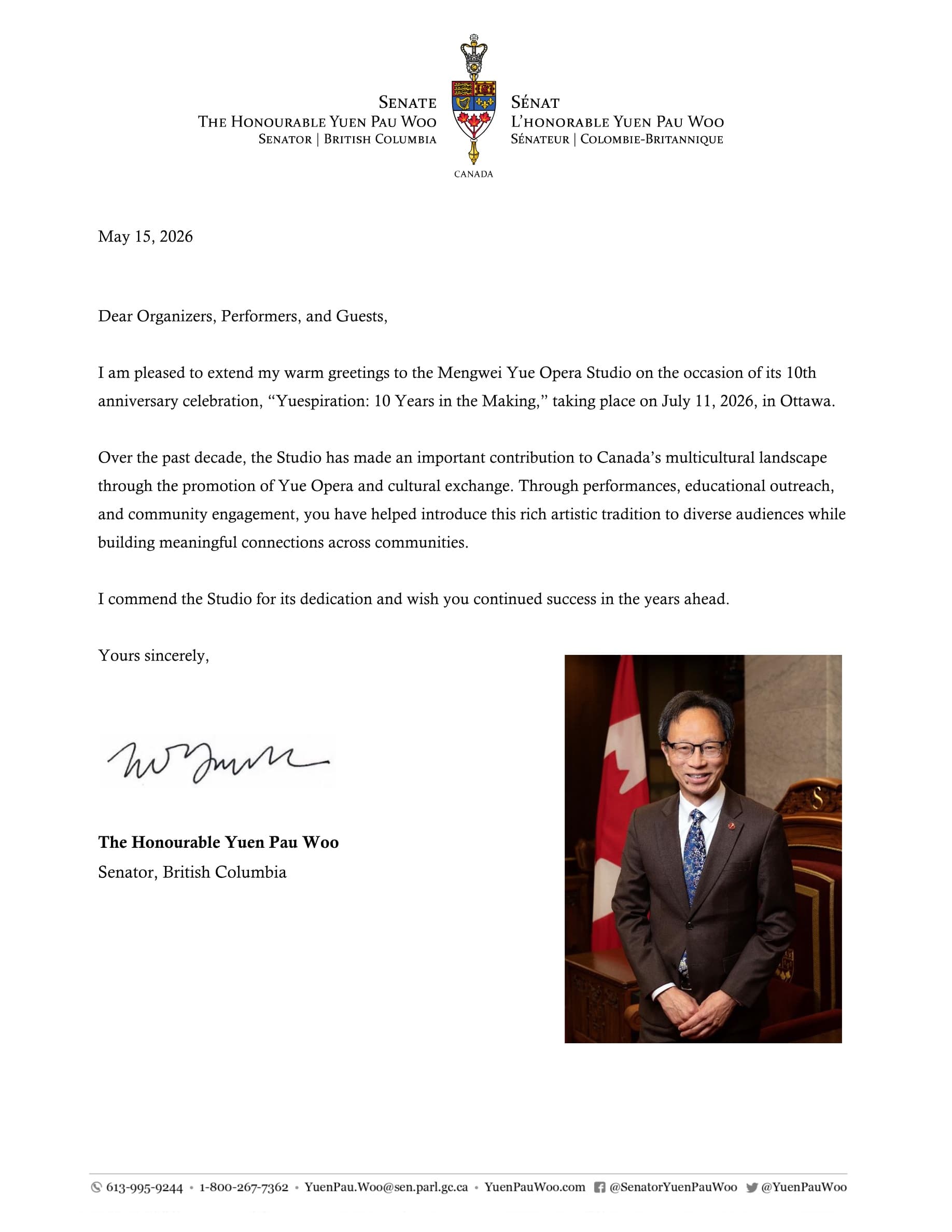 Greeting letter from The Honourable Yuen Pau Woo